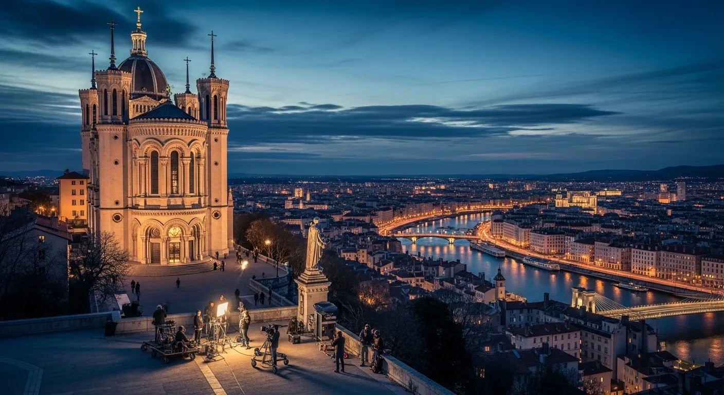 Filming in Lyon with Fourvière Basilica view