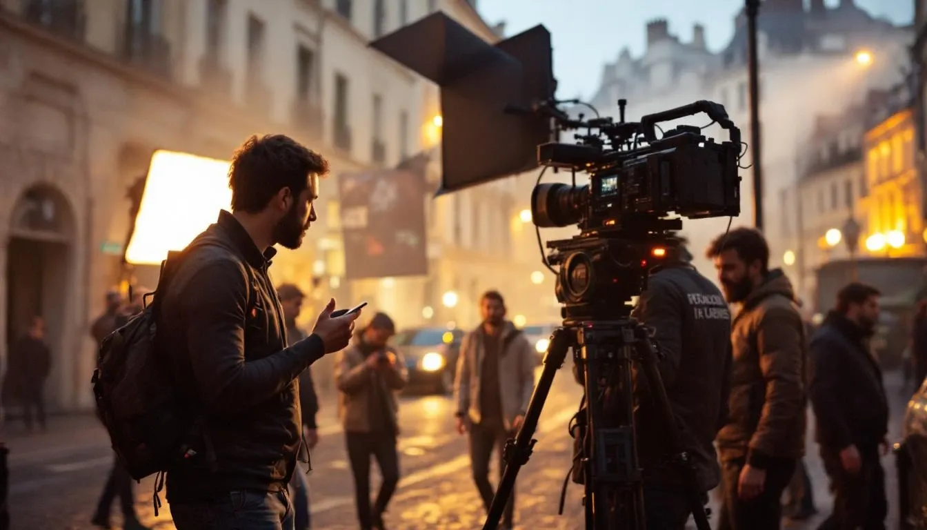 Film crew shooting on a city street at dusk